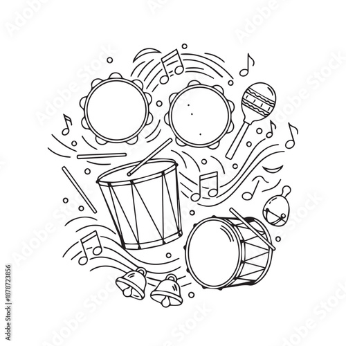 Energetic doodle illustration of drums and percussion instruments in a circular musical layout.