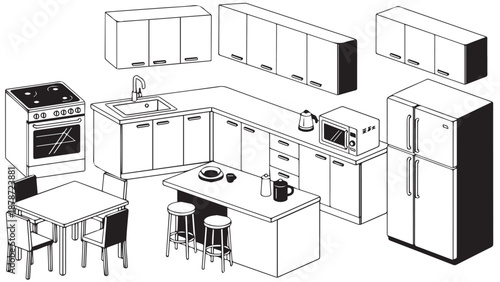 Modern L-shaped kitchen with central island, abundant cabinets, and a cozy dining area.