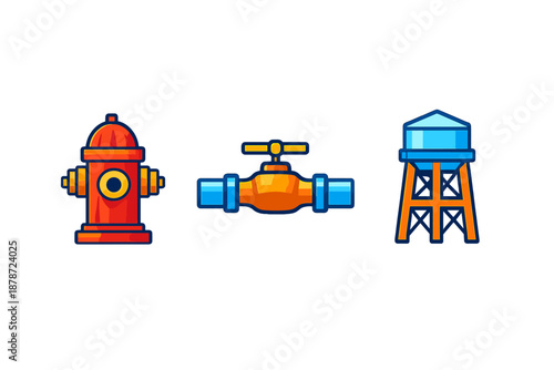 Water supply icons: hydrant, valve, and tower
