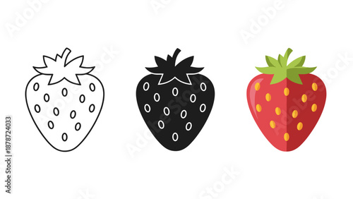 Three colorful strawberries in line black and white outline and ripe red
