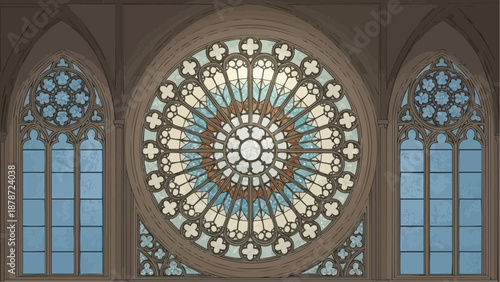 An ornate gothic rose window dominates a church facade flanked by pointed arch windows creating a stunning architectural detail