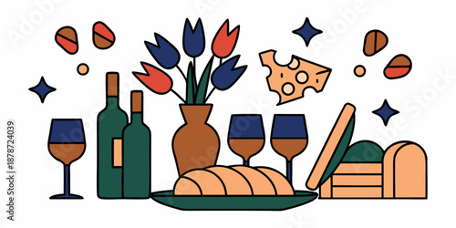 a still life with wine bread cheese and flowers on a table