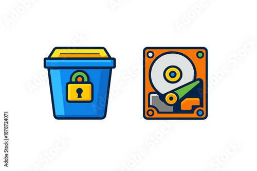 Trash Can with Lock Icon and Hard Drive Icon
