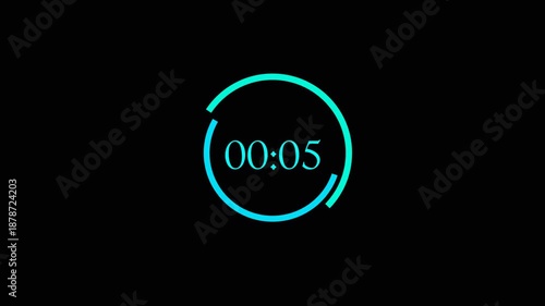 Blue Neon Circular 5 Seconds Countdown Timer Digital Clock Animation on Black Background.