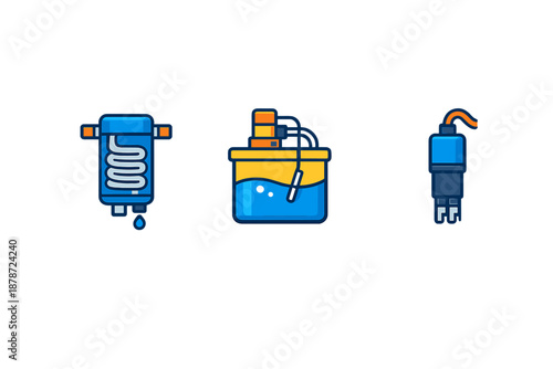 Flat icons of industrial components with blue glow