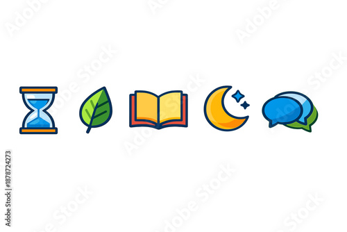 Set of colorful flat icons representing time, nature, knowledge, night, and communication
