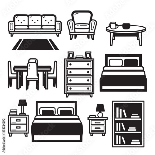 Illustration Set of Bedroom and Living Room Furniture including Bed, Nightstand, Dresser, Chairs, Tables, Shelves and Cabinets.
