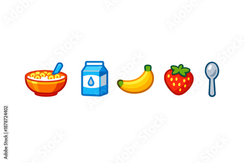 Cereal with milk, banana, and strawberry for breakfast