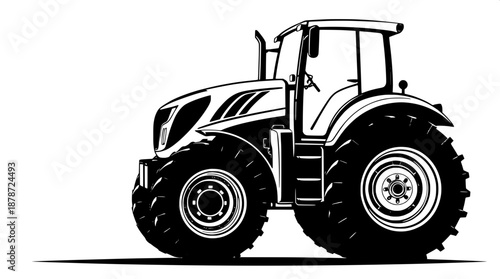 Black and white vector illustration of a sleek modern agricultural tractor in side view with bold black outlines and solid black fills on a pristine clean white background in a flat design style with 