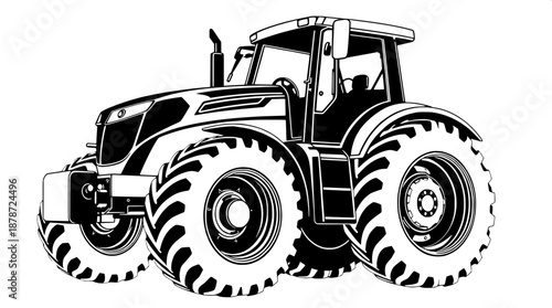 Black and white vector illustration of a sleek modern agricultural tractor in side view with bold black outlines and solid black fills on a pristine clean white background in a flat design style with 