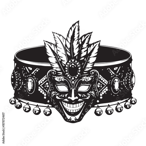 Intricate black and white masquerade mask with feathers and ornamental headpiece illustration.