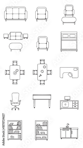 Collection of simple furniture illustrations featuring sofas, chairs, tables, desks, shelves and beds.