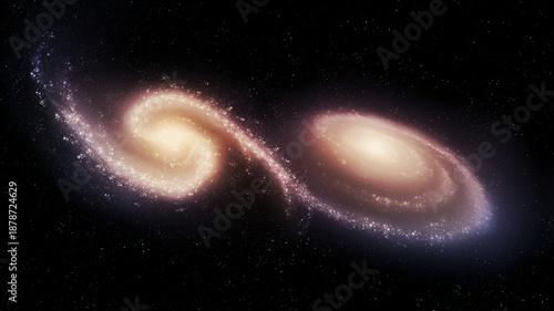 Collision of two galaxies in space. Star systems exchange matter. Merger of spiral galaxies.