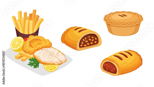 British Takeaway Classics - Fish and Chips, Sausage Rolls, and Pie.