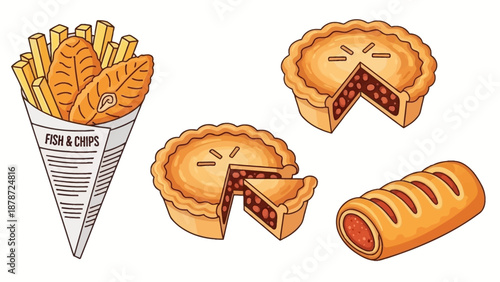 British Takeaway Classics - Fish and Chips, Pies, and Sausage Roll.