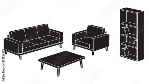Cozy modern living room furniture set featuring a sofa, chairs, coffee table, and bookshelf.