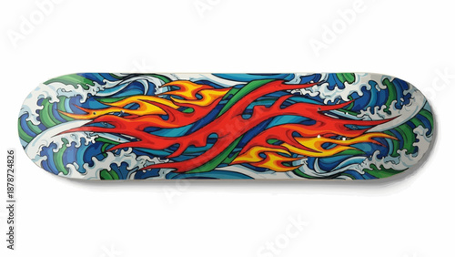 A brightly colored skateboard deck features swirling waves and vibrant flames showcasing a dynamic artistic design