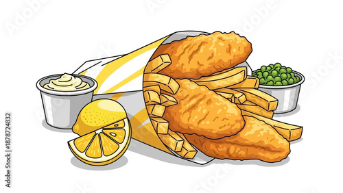 Classic Fish and Chips with Lemon and Tartar Sauce Illustration.