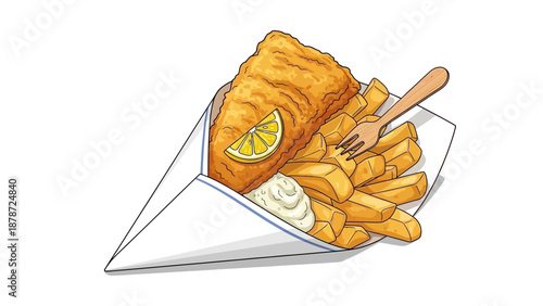 Classic Fish and Chips Illustration with Lemon and Fork.