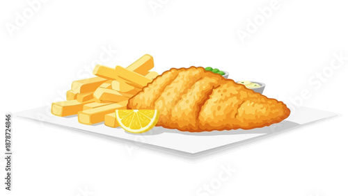 Classic Fish and Chips with Lemon Wedge on White Plate.