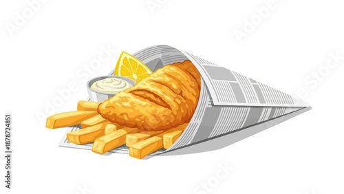 Classic Fish and Chips with Lemon and Tartar Sauce.