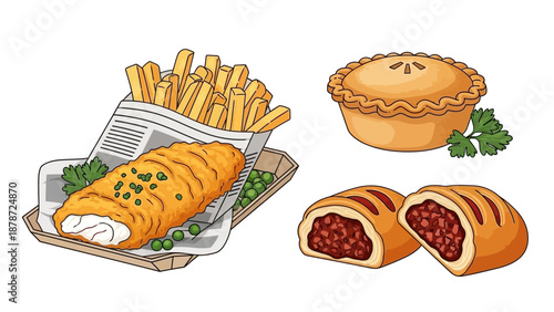 Delicious British Cuisine - Fish and Chips, Pie, and Sausage Rolls.