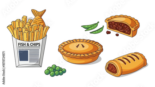 Delicious British Cuisine - Fish and Chips, Pies, and Sausage Roll.