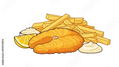 Delicious Fish and Chips with Lemon and Sauce Illustration.