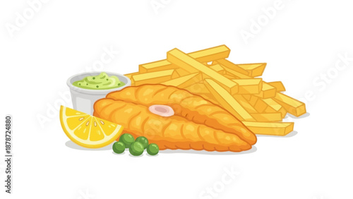Delicious Fish and Chips with Lemon and Tartar Sauce.