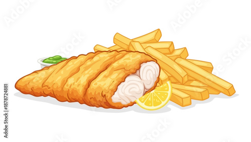 Delicious Fish and Chips with Lemon and Tartar Sauce Illustration.
