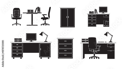 Collection of office desks chairs computers and filing cabinets in a business workspace.
