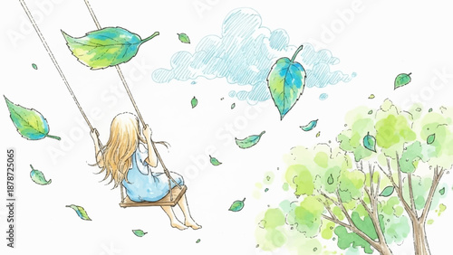 A whimsical watercolor illustration of a young girl on a swing, surrounded by floating leaves and a vibrant green tree under a cloudy sky