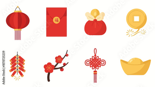 Chinese New Year Icons: Lantern, Red Envelope, Firecrackers, Gold Coin, Plum Blossom & More