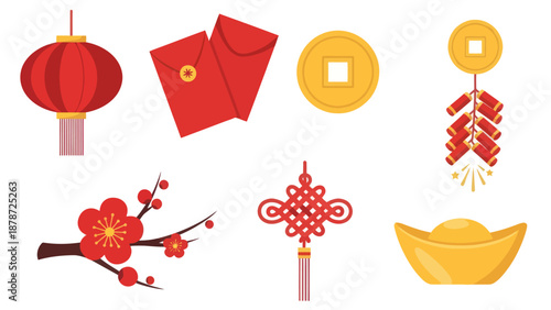 Chinese New Year Symbols Icons Set: Lantern, Red Envelopes, Coins, Firecrackers, Plum Blossom