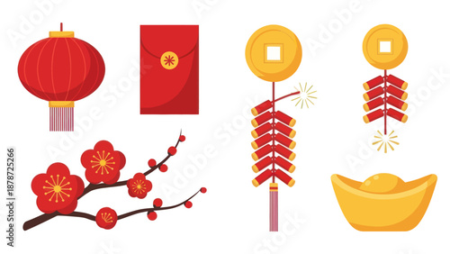 Chinese New Year Symbols: Lantern, Red Envelope, Firecrackers, Coins, Gold Ingot, Plum Blossoms