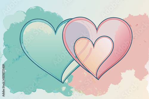 Intertwined abstract hearts in soft pastel watercolor textures symbolizing love connection and romance with gentle gradients and overlapping shapes creating a tender