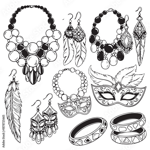 Assorted bohemian jewelry and masquerade mask sketch collection featuring necklaces, earrings, bracelets and decorative accessories.