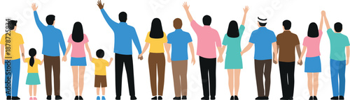 People standing together and waving vector illustration showing group from back view representing community, diversity, unity and togetherness in flat modern cartoon style isolated on white background