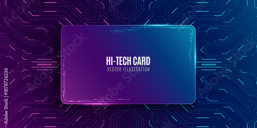 Digital card display panel with computer circuit board on dark background. Hi-tech dashboard for UI and GUI design. Vector illustration.