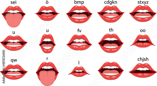 Mouth phoneme pronunciation vector illustration showing lips and tongue positions for speech therapy, phonetics education and language learning in flat cartoon style isolated on white background