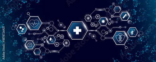 Medical hexagonal diagram featuring interconnected hexagons with white healthcare icons. Digital healthcare background with molecular hexagons for medicine or scientific presentation. Vector.