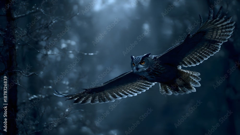 Fototapeta premium A nocturnal owl flying silently through a dark forest, glowing eyes, moonlight filtering through trees, dramatic low-light wildlife photography