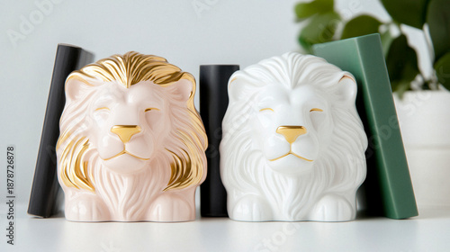 Wallpaper Mural Lion bookends with antique books, palette of blush pink, mint green, and pearl white, cheerful seasonal vintage artwork Torontodigital.ca