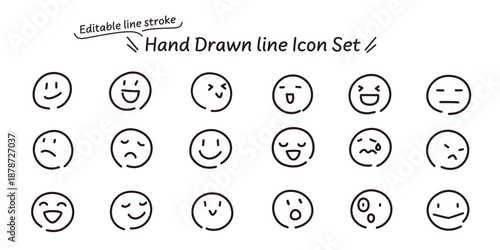 Editable line vector illustration. Set of monochrome icons of hand-drawn faces with various expressions