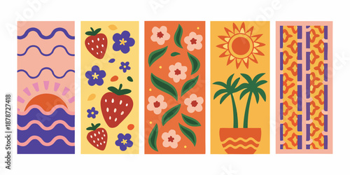 Vibrant patterns and illustrations of summer elements in five vertical panels
