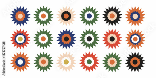a collection of colorful sunburst designs on a white background