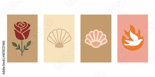 four minimalist icons of a rose scallop clam and dove in pastel colors