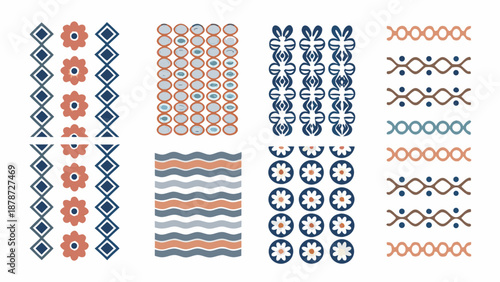 collection of various geometric and floral patterns in blue orange and brown