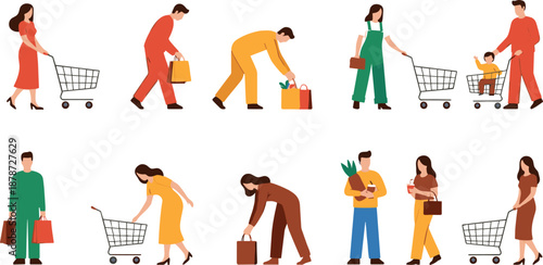People shopping with grocery carts vector set showing men and women buying food and goods in supermarket scenes in flat modern illustration style isolated on white background
