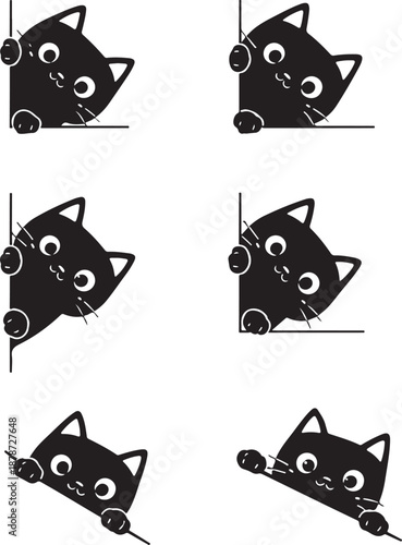 Cute black kitten peeking from various corners and edges with playful expressions isolated on white background